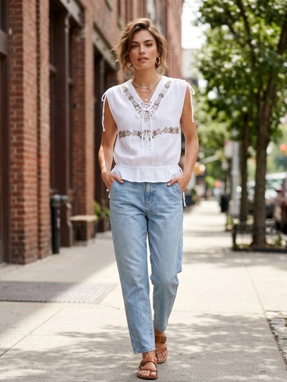 Portre Y2White Linen Cotton Embroidered Lace Up Top S Boho Sequin Peasant Blouse